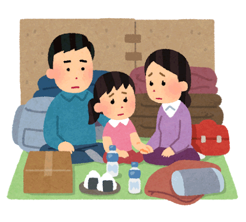 【イラスト】狭い避難所で生活する家族